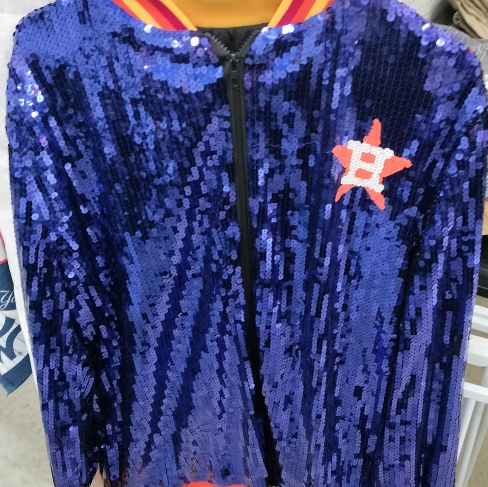 Blue Sequin Bomber Jacket with Orange Accents